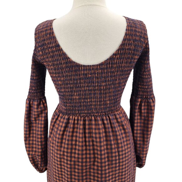 Pamela Love Womens Dress XL Midi Checker Brown Navy Blue Balloon Sleeve Boho - Picture 5 of 10